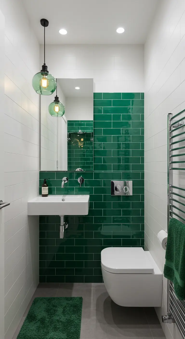 Kleine badkamer met smaragdgroene tegelwand, witte accenten en groene hanglampen.