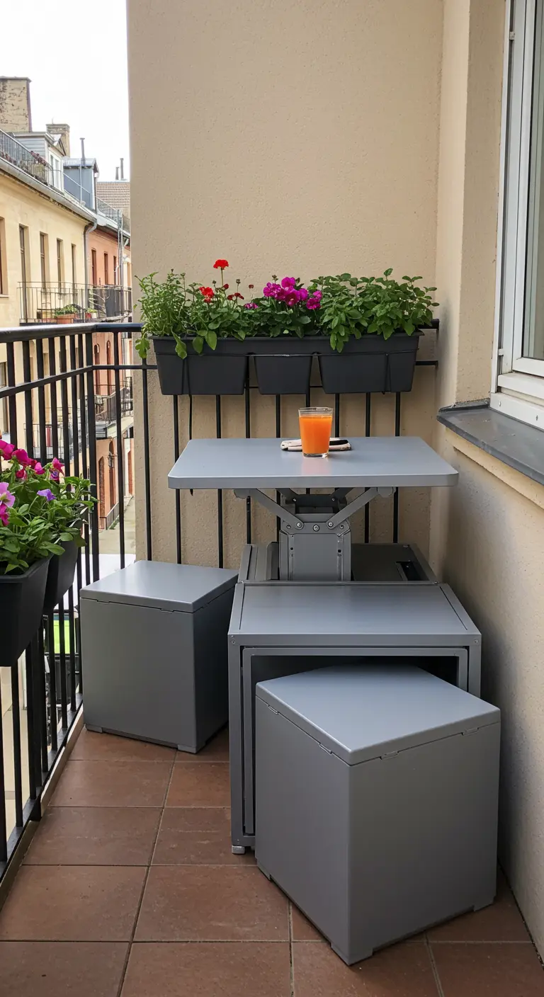 Compacte grijze balkonset: in hoogte verstelbare tafel waar twee krukjes onder passen.