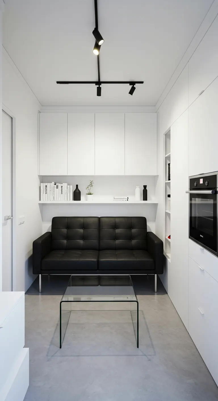 Compacte, moderne woonkamer met witte kasten, zwarte bank en glazen salontafel.