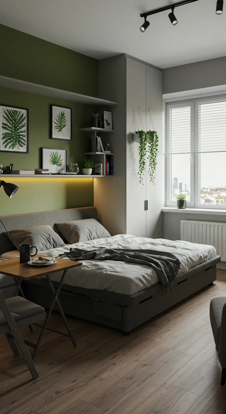 Compacte slaapkamer, olijfgroene muur, grijs bed met opbergruimte, plantenprints, kleine tafel.