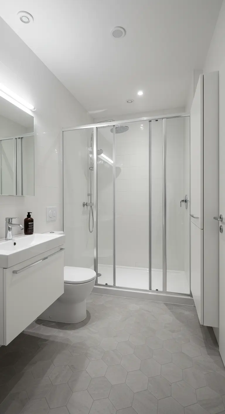 Compacte witte badkamer met inloopdouche met vouwdeur en hexagon vloertegels.
