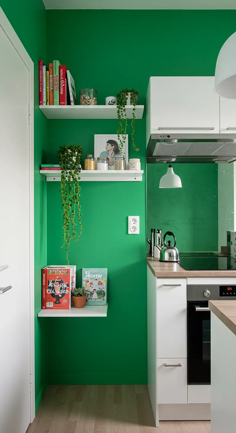 Compacte keuken met een felgroene accentmuur en witte planken met plantjes.