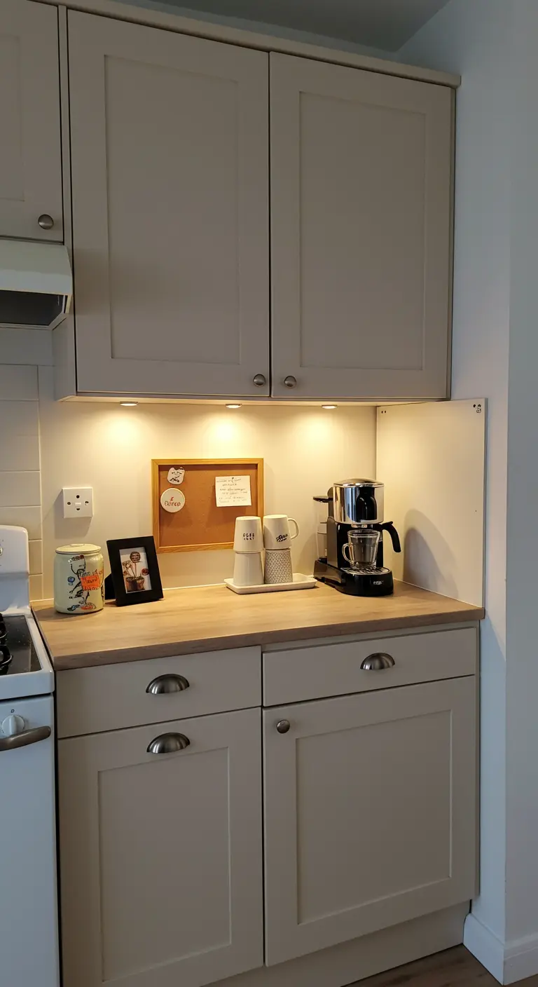Compacte koffiecorner onder bovenkastjes met kurkbord en spotjes.