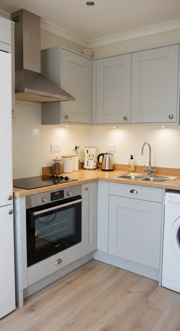 Compacte, lichte keuken met lichtgrijze kasten en licht houten werkblad.