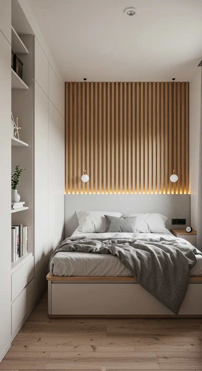 Houten lattenwand achter een bed in een compacte nis, met sfeerverlichting.