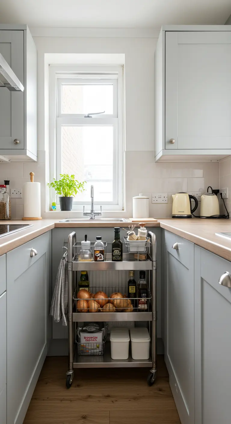 RVS keukentrolley in een smalle keuken, gevuld met uien, olieflessen en kruiden.