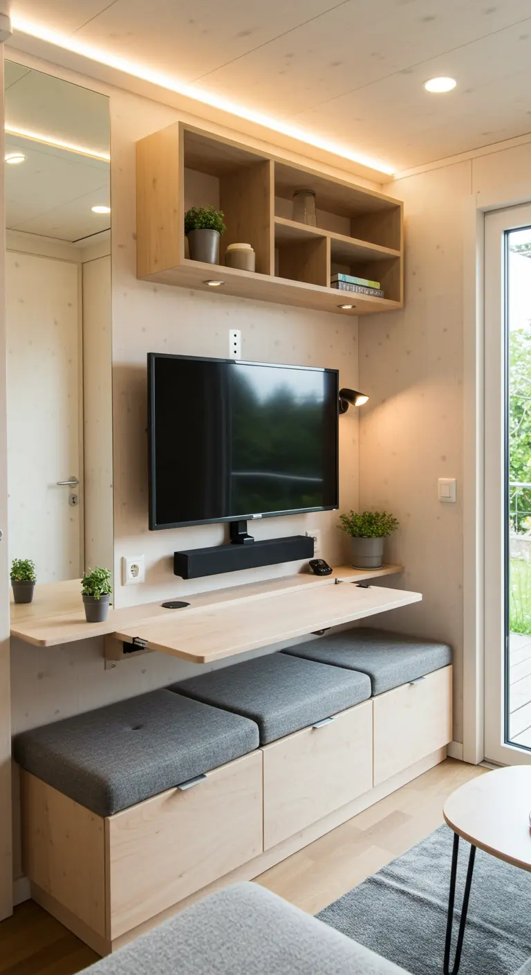Compacte TV-hoek met ingebouwd bankje en lichte houten elementen.