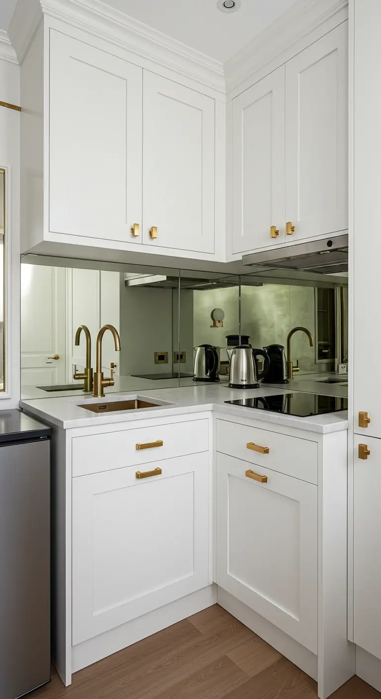 Compacte witte keuken met spiegelende achterwand en messing kranen en handgrepen.