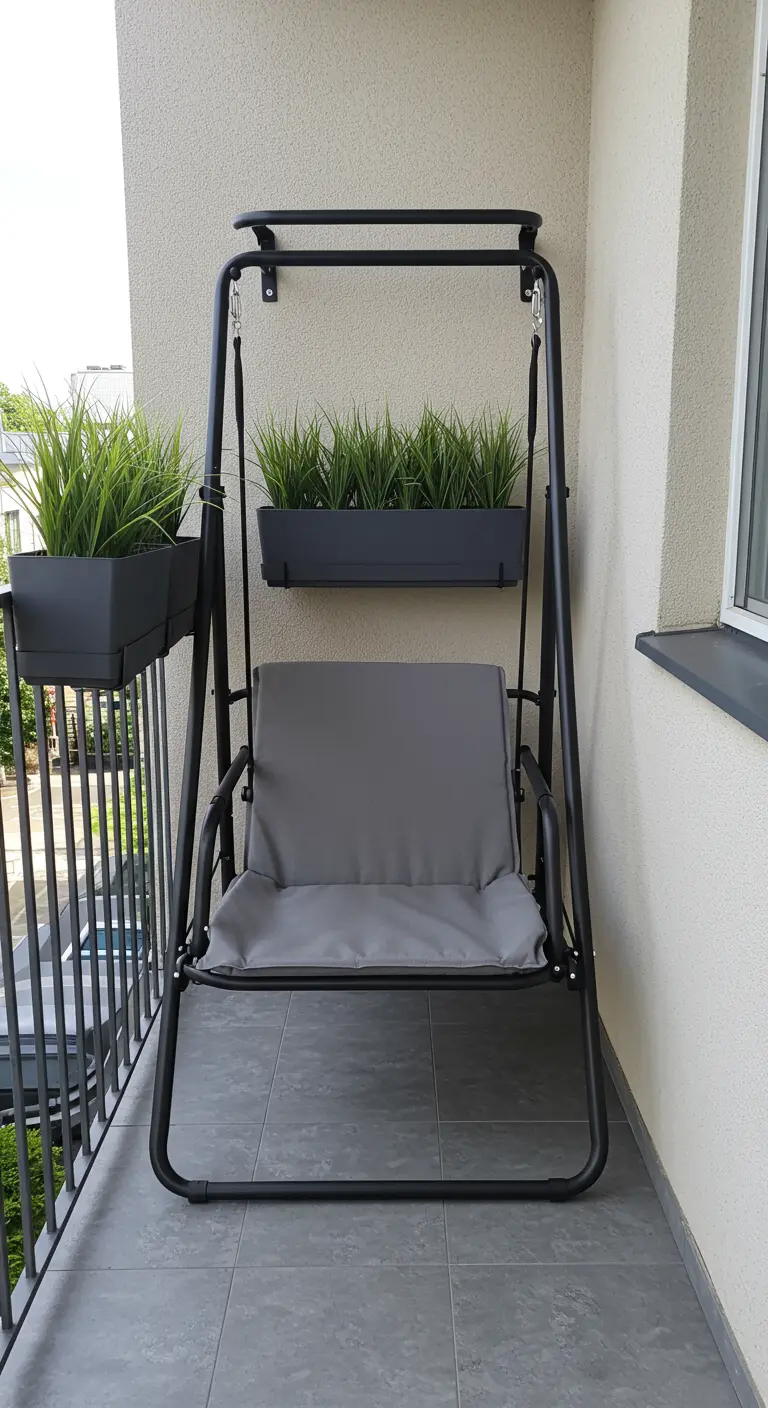 Zwarte metalen schommelstoel met grijze kussens en plantenbak erboven op een klein balkon.