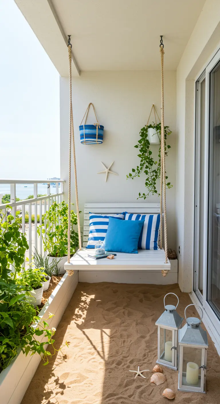 Witte schommelbank met blauwe kussens, planten, zand en lantaarns op een compact balkon.