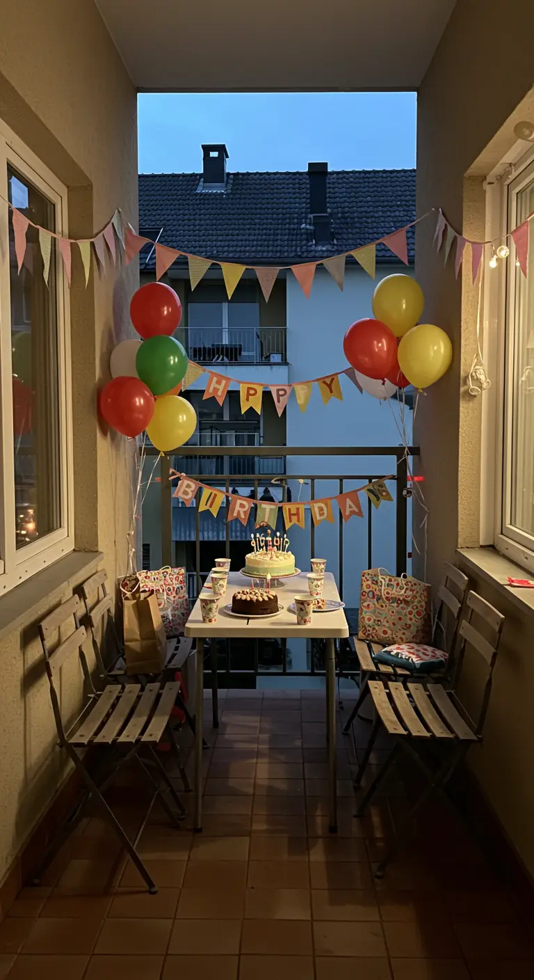 Smal balkon versierd voor een verjaardag met ballonnen, slingers en taart.