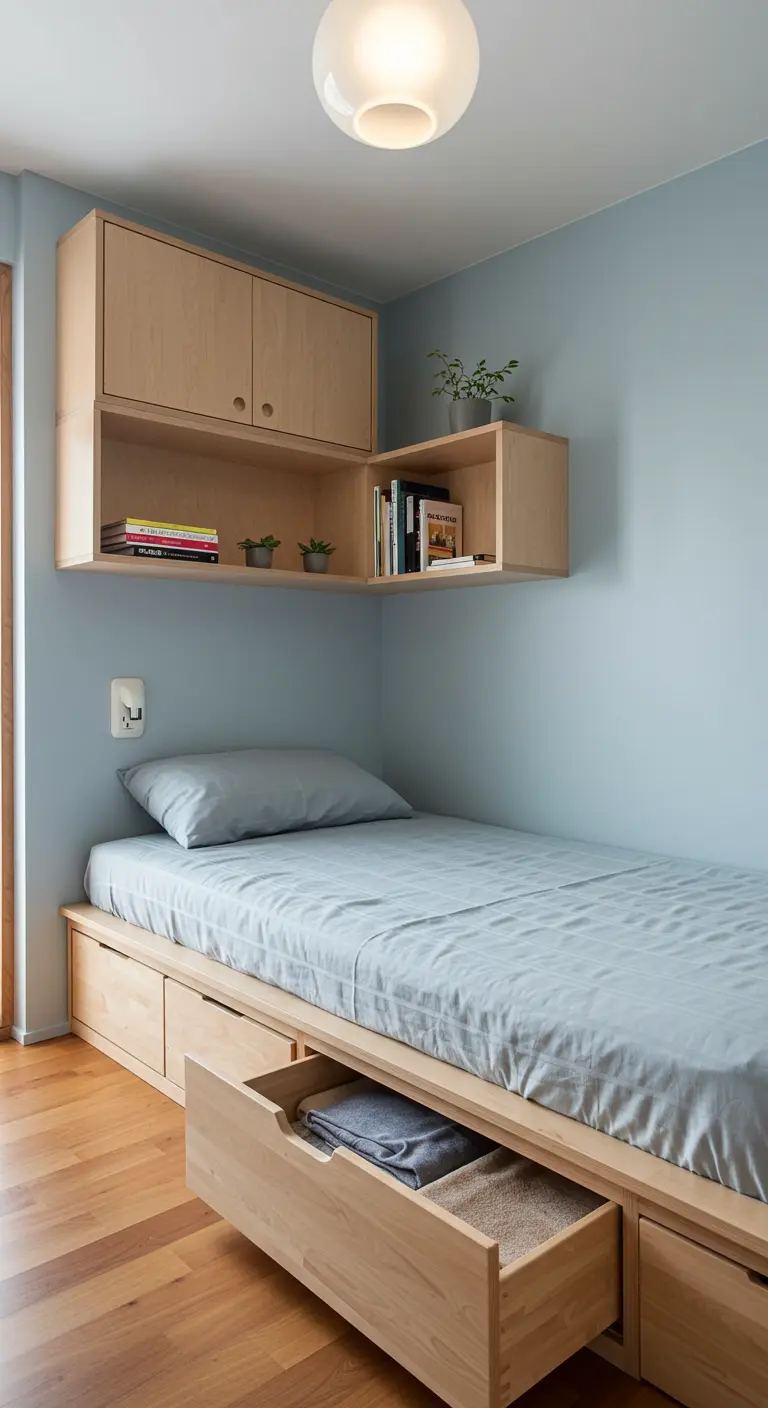 Compacte Japandi slaapkamer met laag bed met opslag, zwevende kasten en lichtblauwe muur.