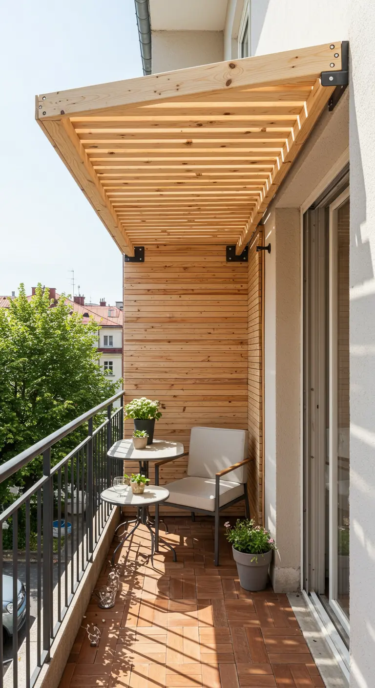 Compacte houten pergola bevestigd aan gevel boven klein balkon met bistroset.