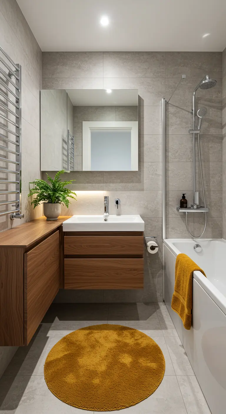 Compacte badkamer met houten meubel, grijze tegels en okergele accenten.