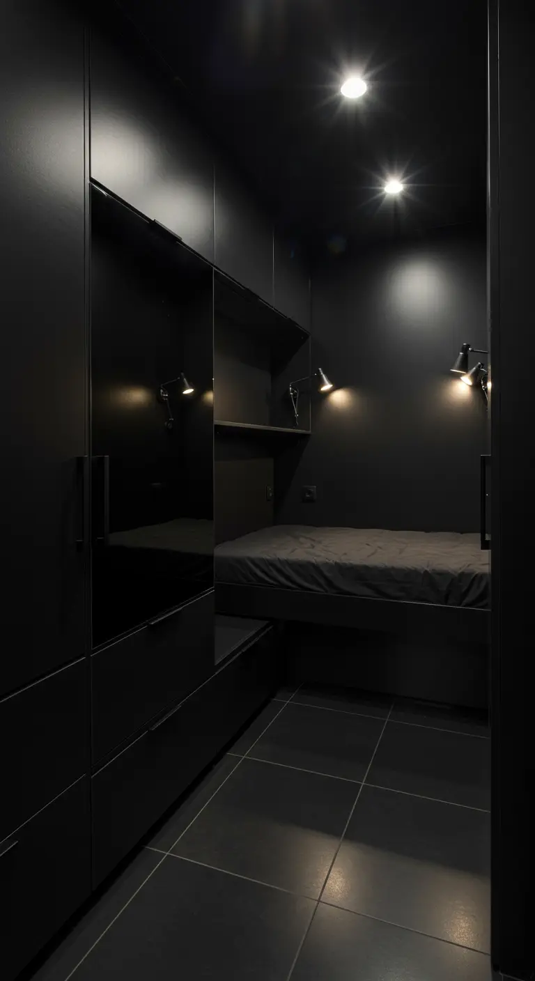 Compacte zwarte slaapkamer met ingebouwde kasten, spiegeldeuren en bed in een nis.