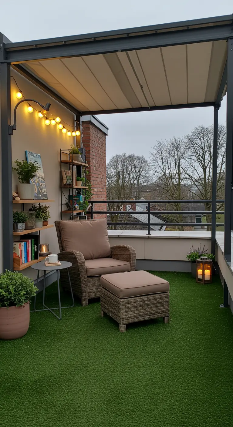 Klein balkon met pergola, kunstgras, fauteuil, boekenplank en lichtslingers.