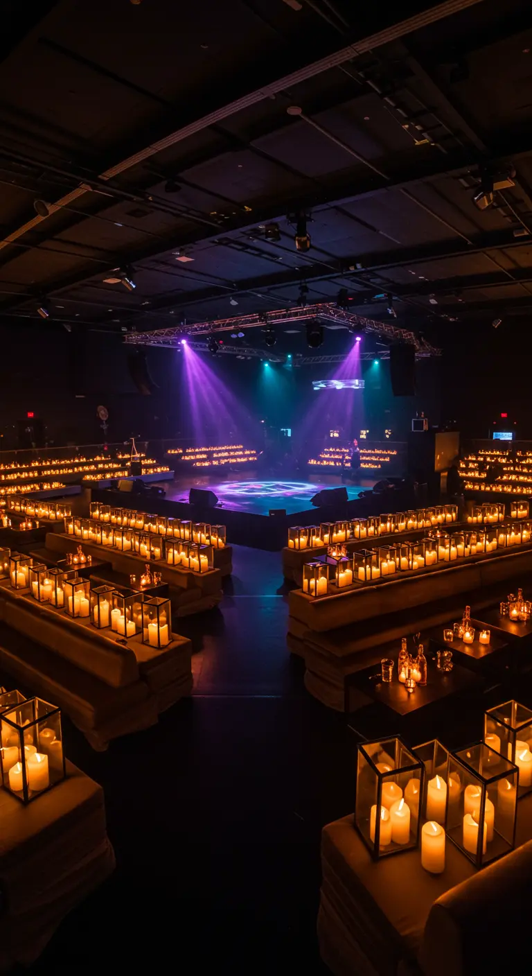 Concertzaal met rijen stoelen, elk verlicht door kaarslantaarns.