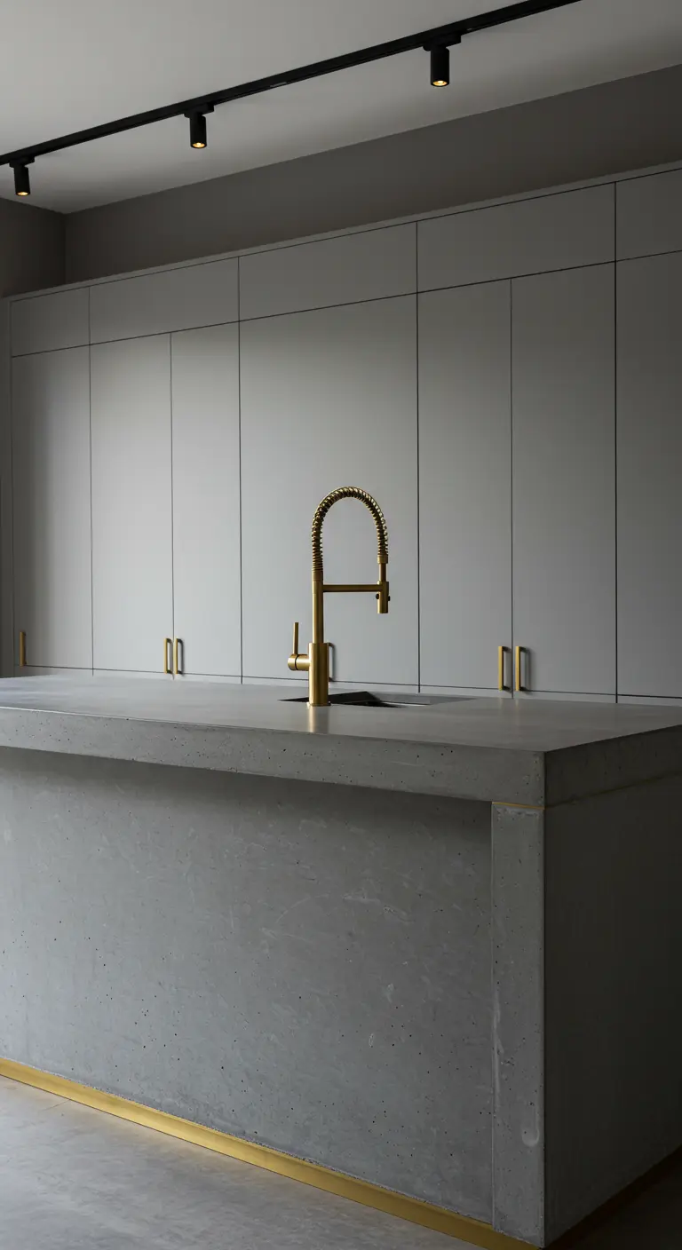 Grijze keuken met betonnen eiland, gouden kraan en een gouden rand aan de basis van het eiland.