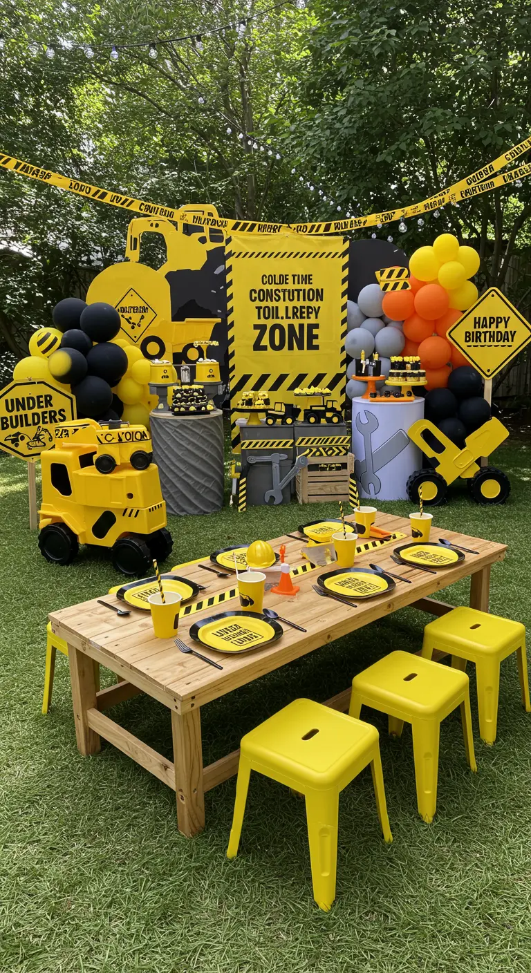 Kinderverjaardag met bouwplaats thema, geel en zwart.