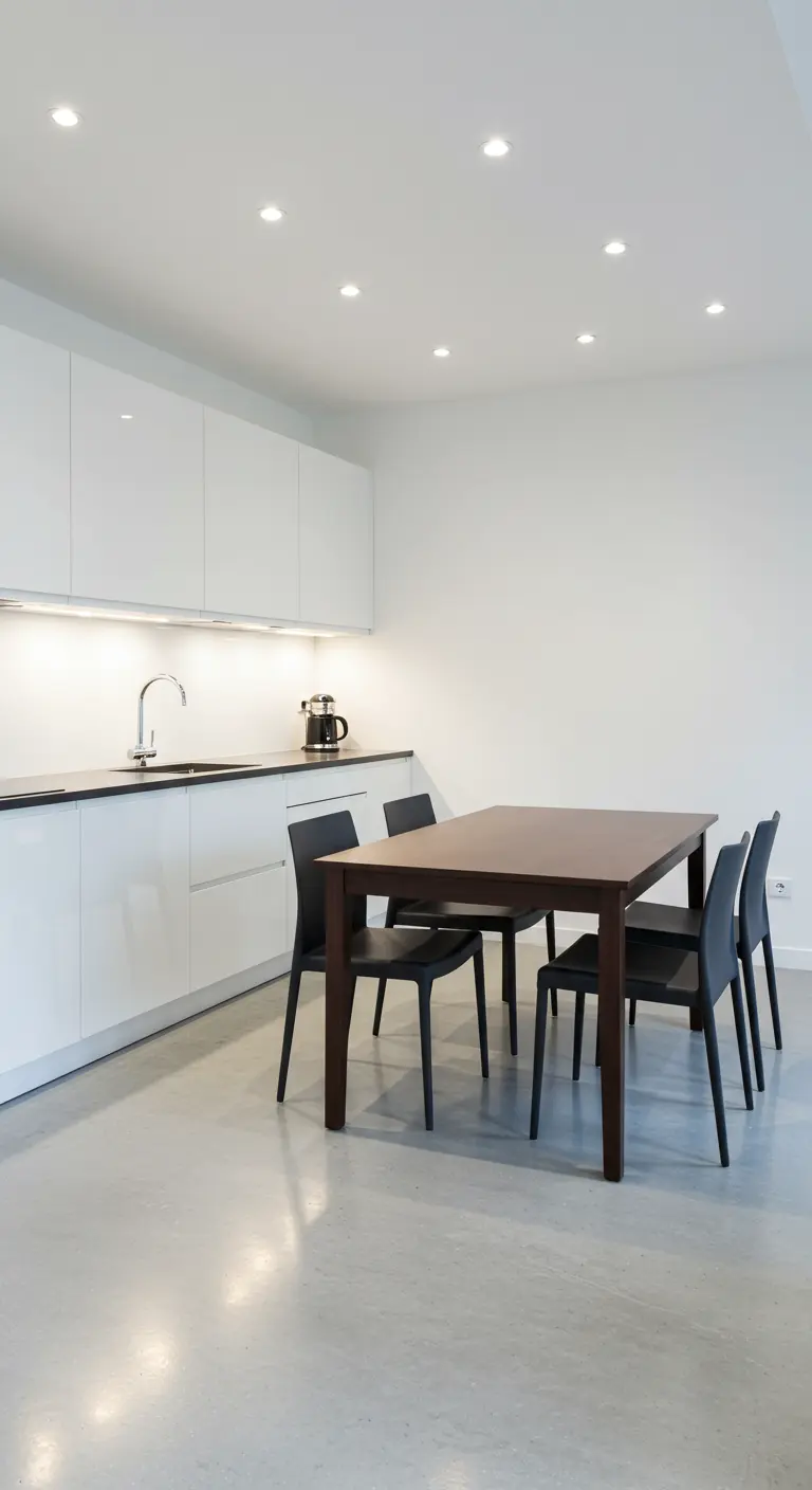 Moderne witte keuken met donkerbruine eettafel en zwarte stoelen.