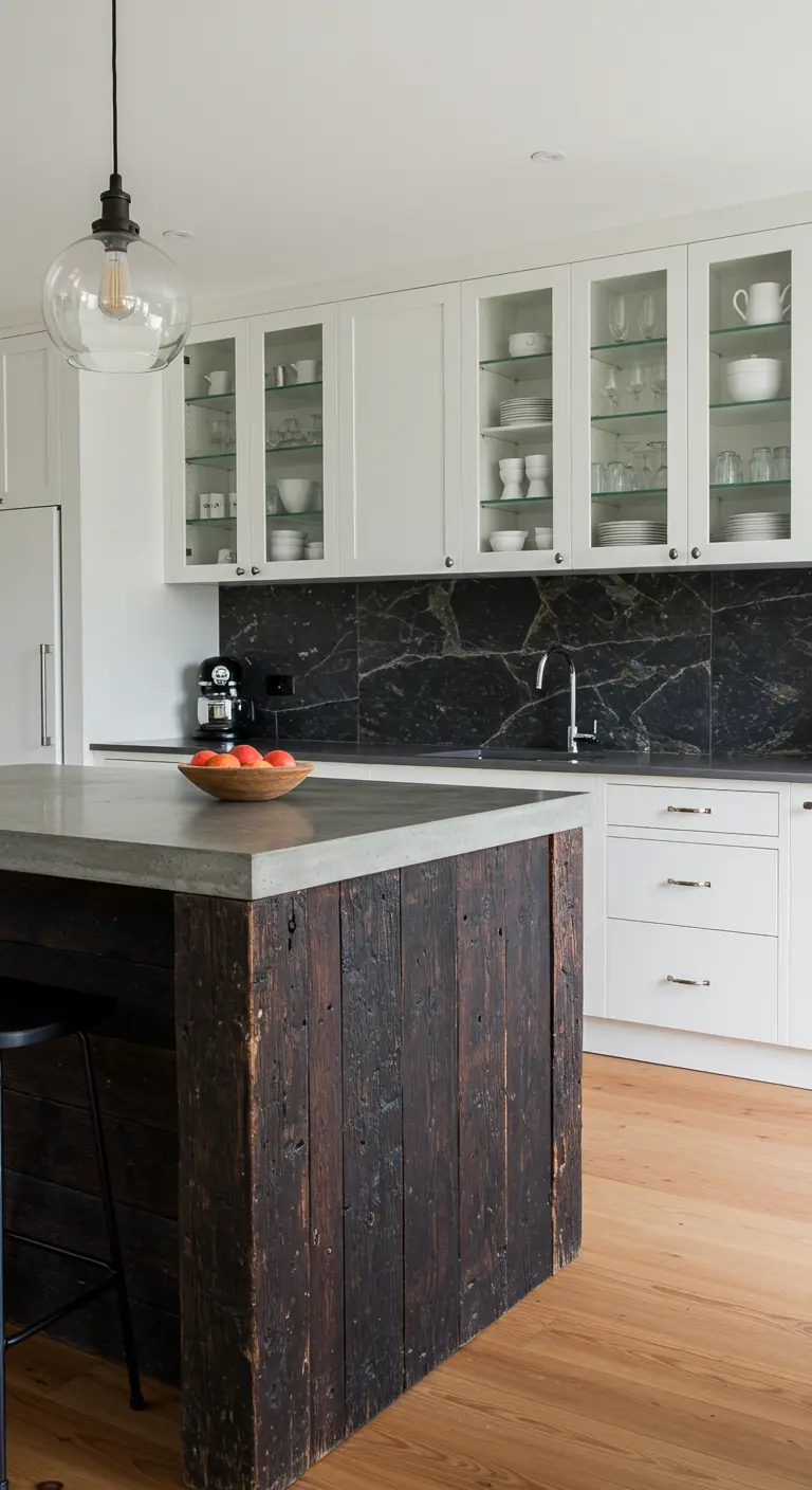 Keuken met witte glazen bovenkasten, rustiek houten eiland en zwarte marmeren achterwand.