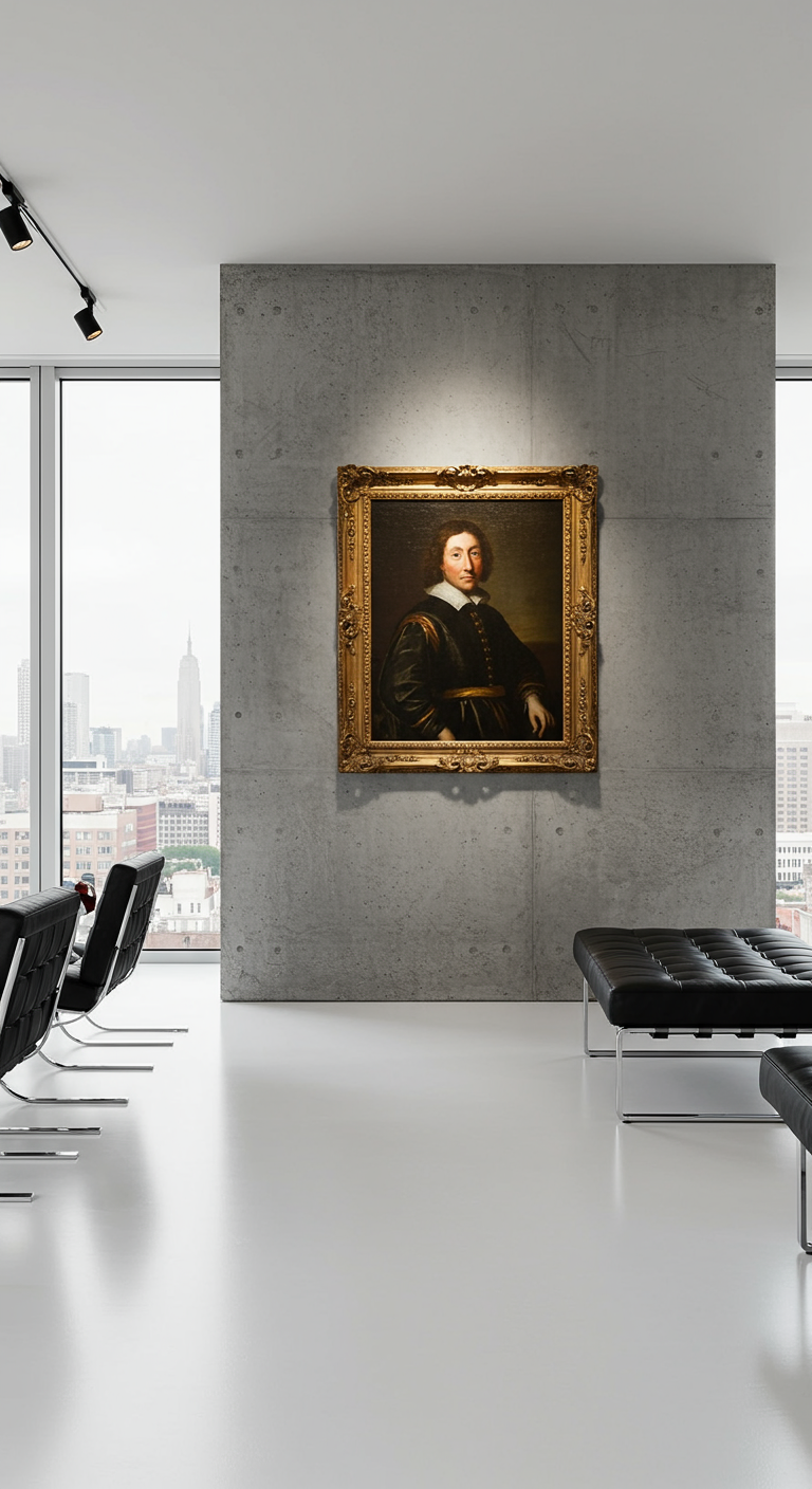 Modern interieur met betonnen muur waarop een groot klassiek portret in gouden lijst hangt.