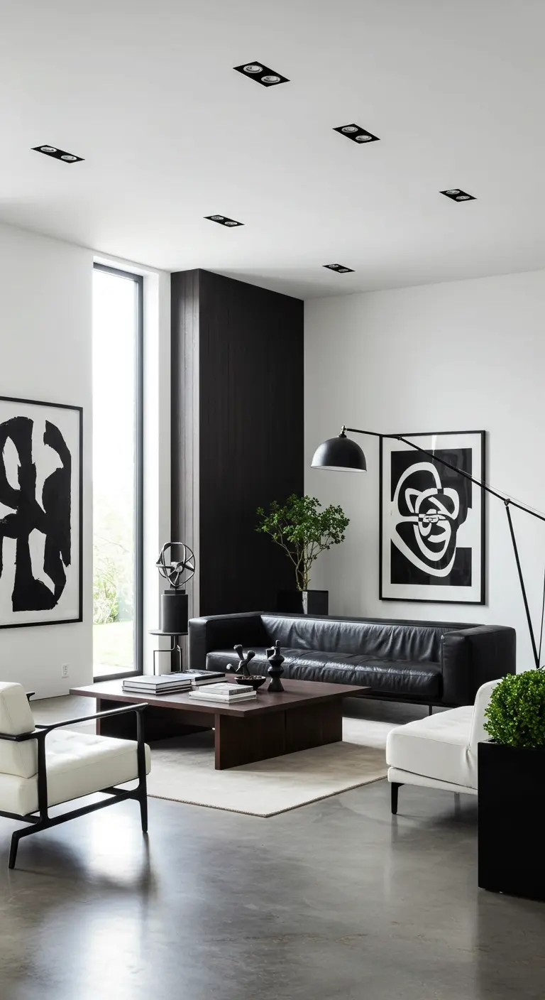 Zwart-witte moderne woonkamer met witte bank, zwarte meubels en abstracte kunst.