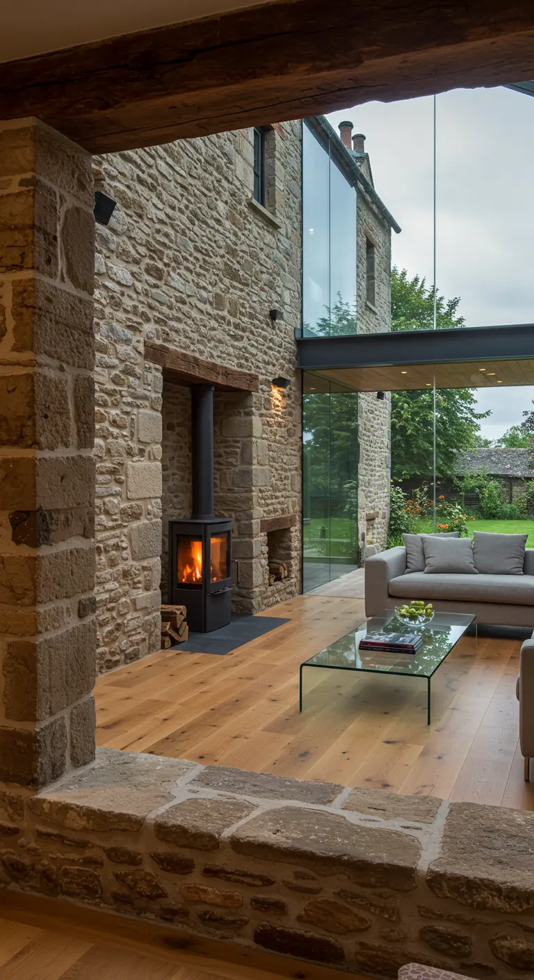 Interieur van stenen huis met moderne glazen aanbouw, zicht op tuin.