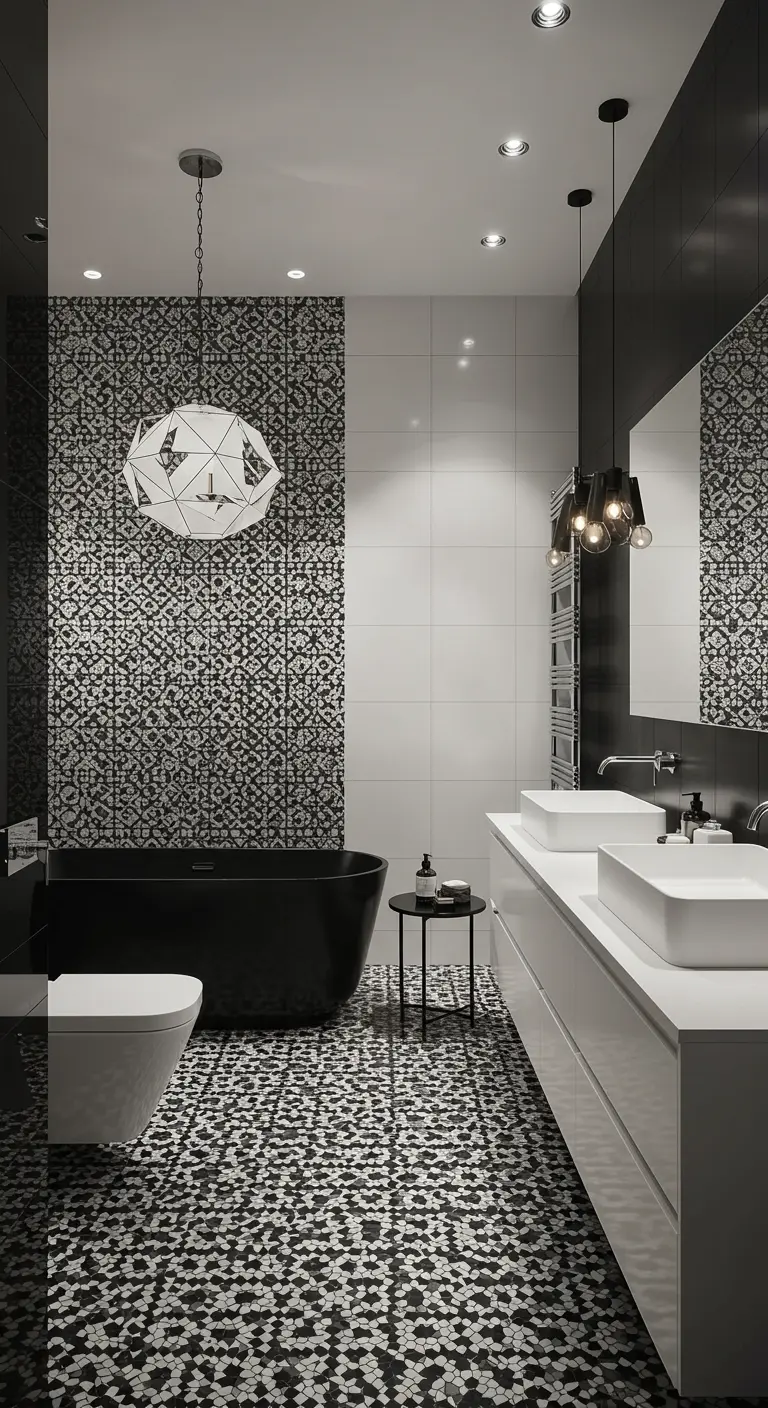 Zwart-witte badkamer met mozaïekvloer, patroonwand en strak bad