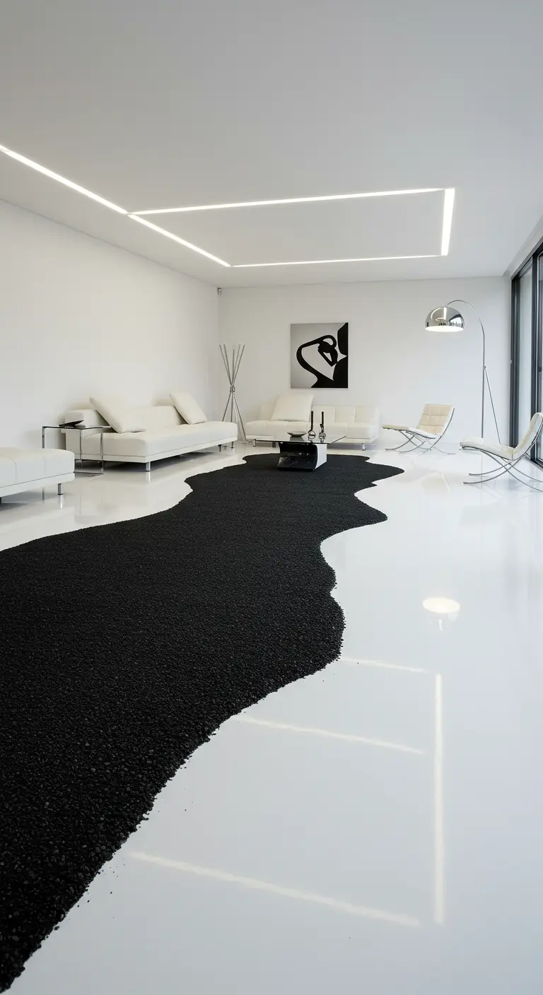 Witte glanzende gietvloer met een brede, golvende strook zwart grind.