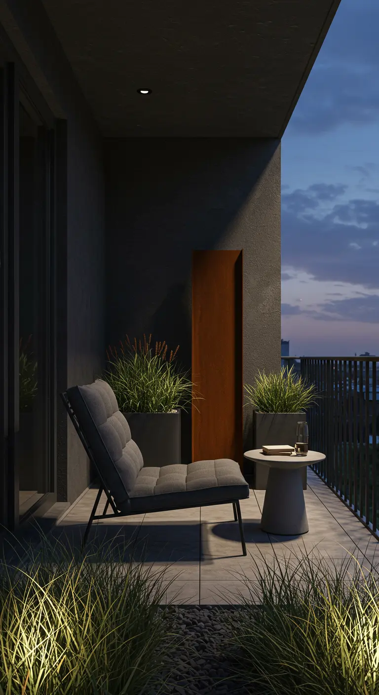 Minimalistisch balkon met cortenstaal paneel, donkere lounge stoel en grassen.