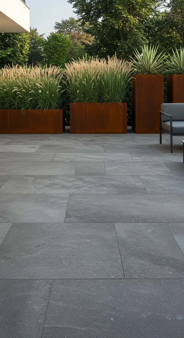 Strak terras met grijze tegels en roestbruine cortenstaal plantenbakken gevuld met hoge siergrassen.
