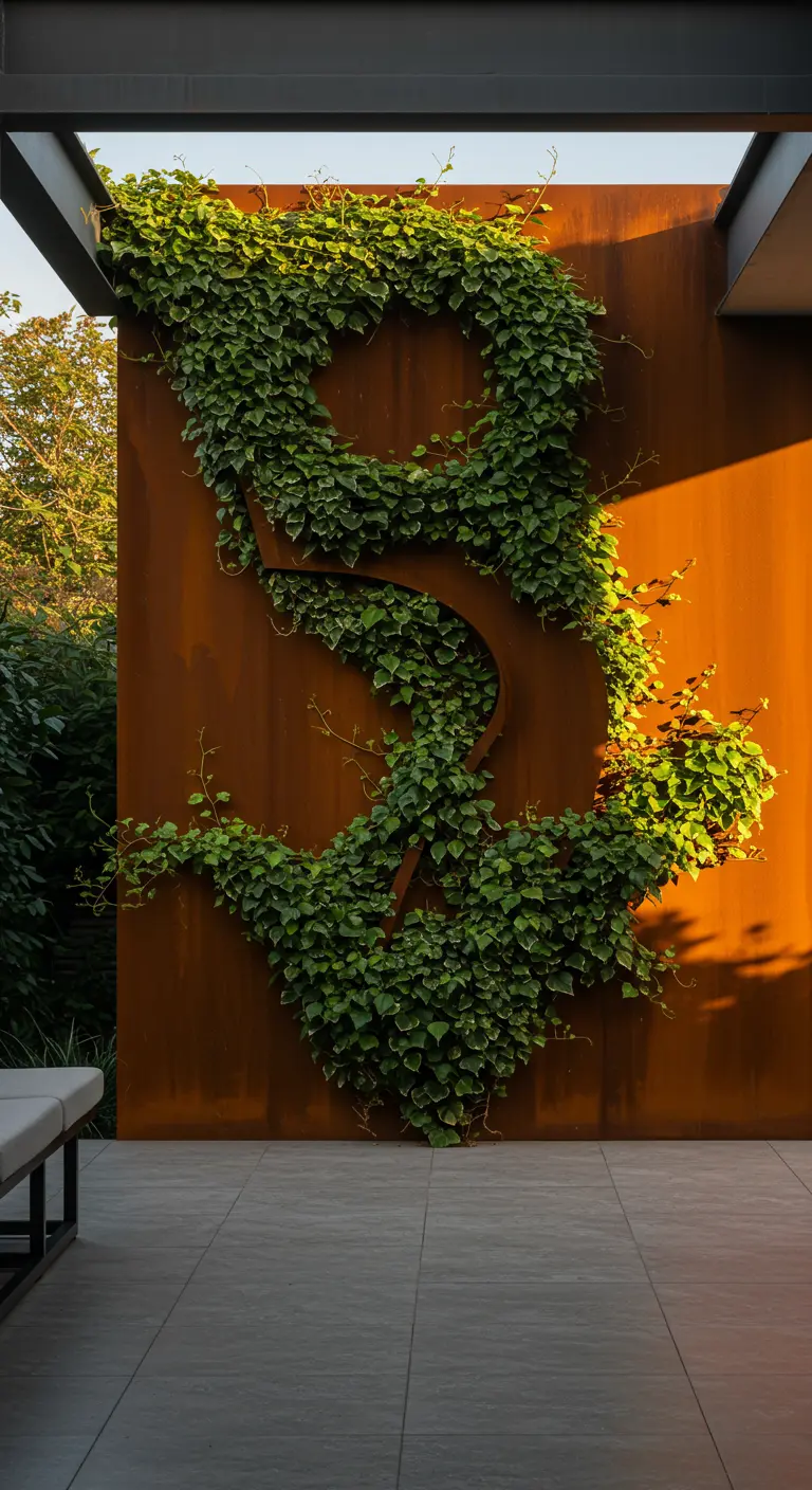 Grote cortenstalen letter 'S' aan een muur, deels begroeid met klimop.