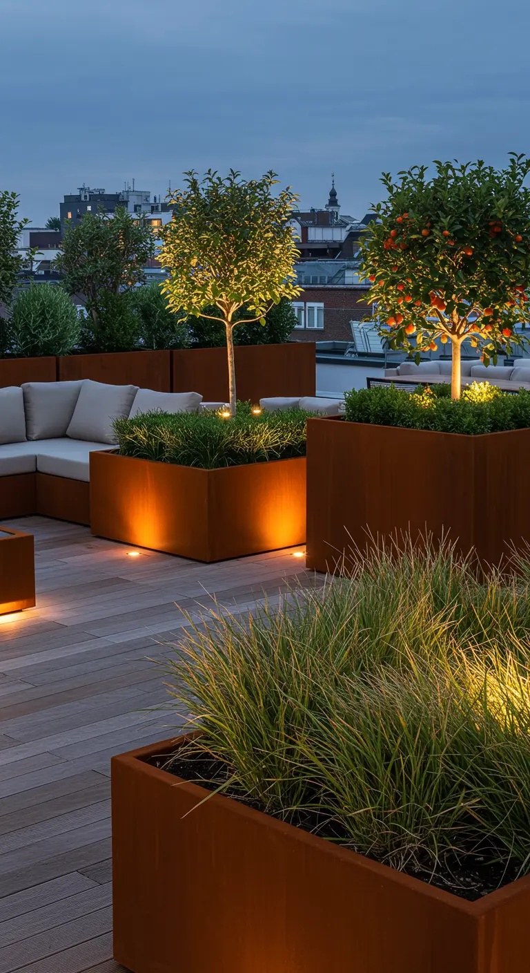 Cortenstaal plantenbakken met citrusbomen en sfeervolle verlichting op een dakterras.