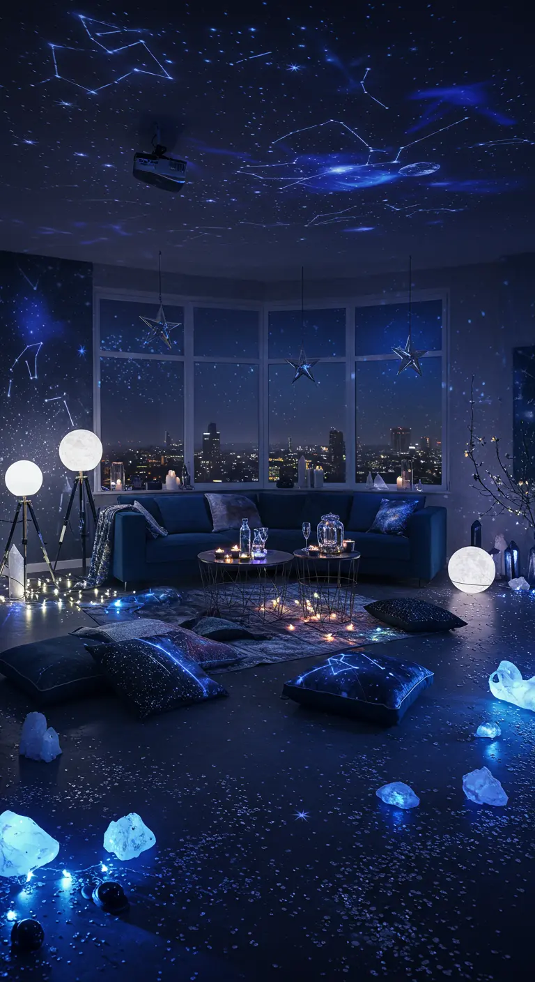 Kamer met sterrenprojectie op het plafond, blauwe sfeerverlichting en zachte kussens.
