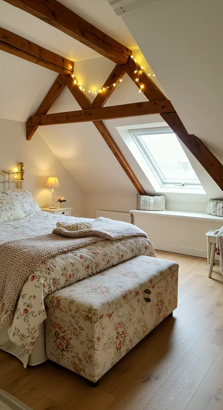 Slaapkamer op zolder met bloemenprint beddengoed en een bijpassend opbergbankje aan voeteneind.