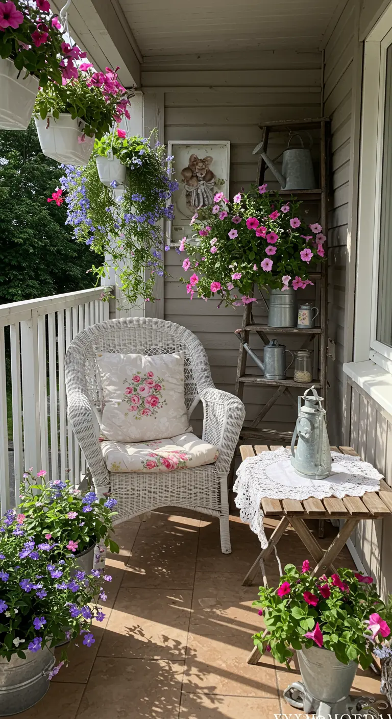 Romantisch balkon met witte rieten stoel, veel bloemen en vintage ladder.