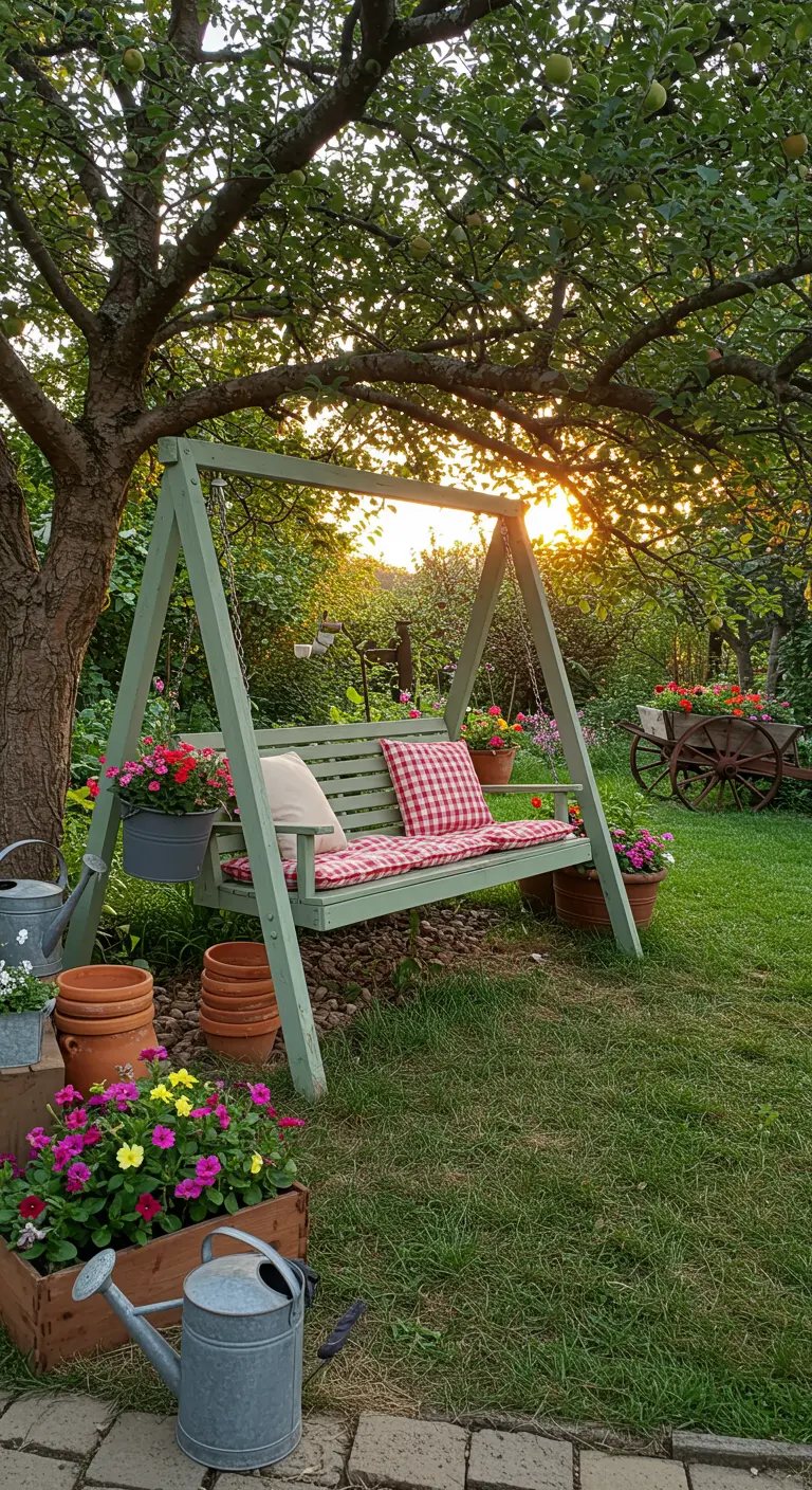 Houten groene schommelbank in tuin met bloemen en kussens, ondergaande zon.