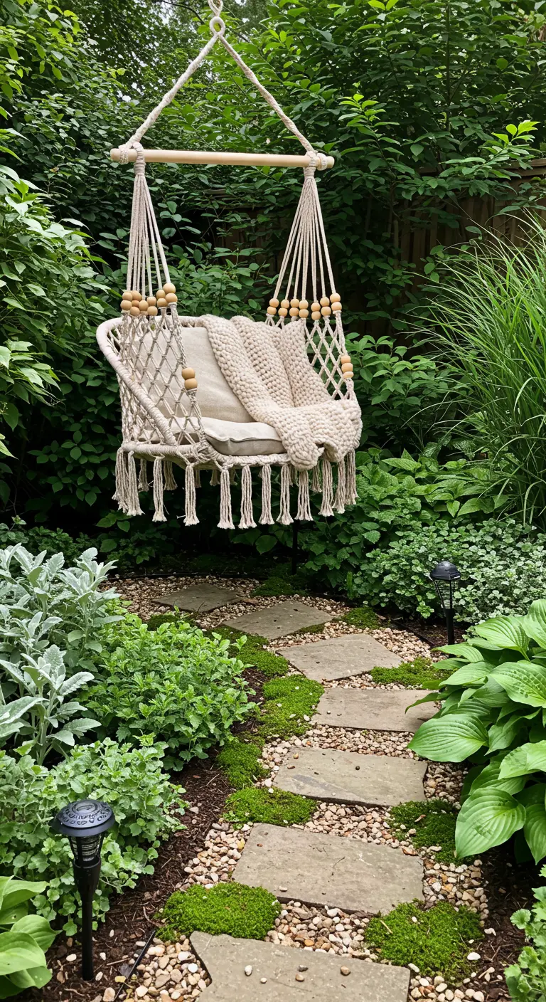 Macramé hangstoel met gebreid plaid in een landelijke tuin met stapstenen.
