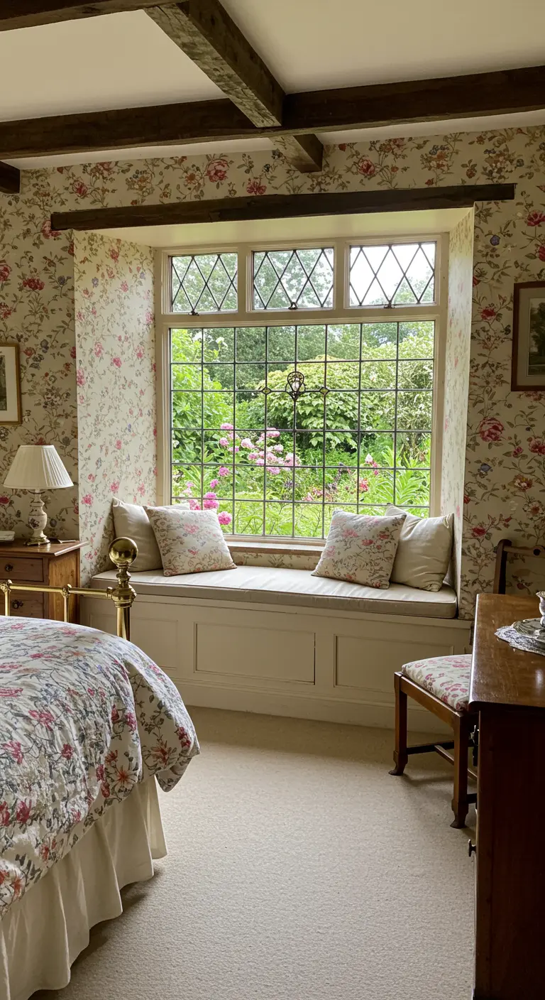 Romantische cottage slaapkamer met uitzicht op een bloeiende tuin.