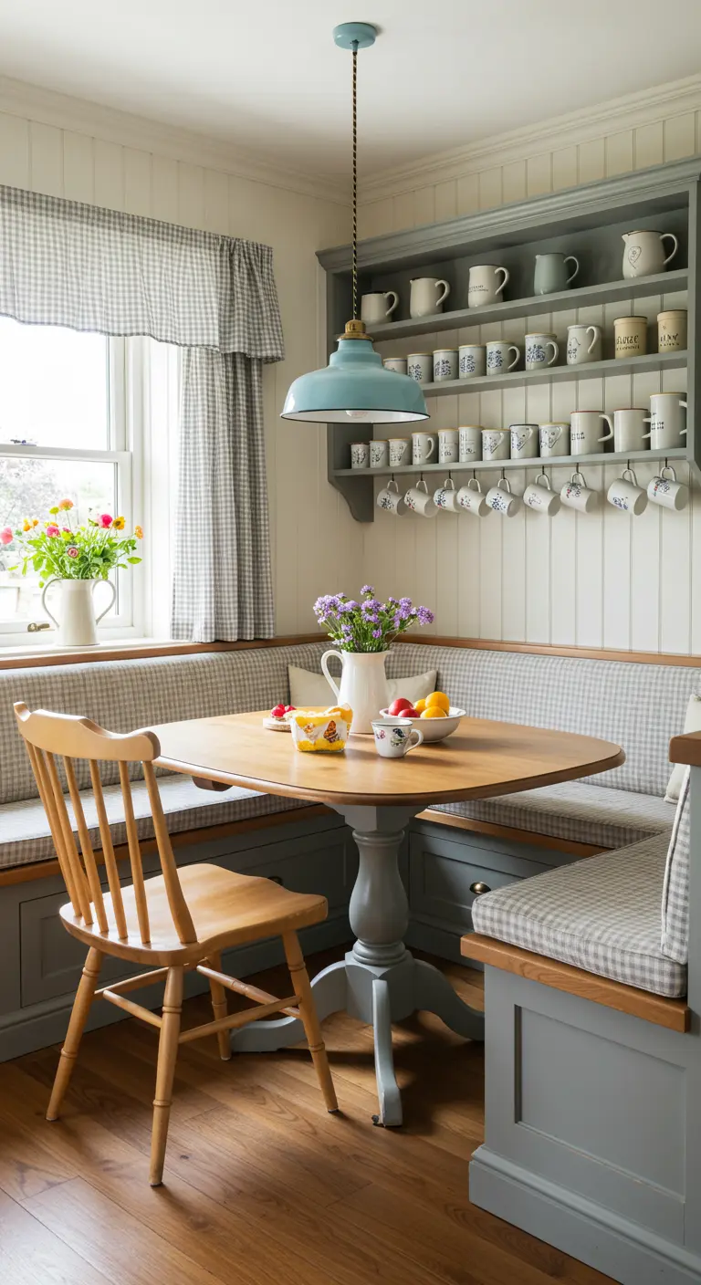 Lichtblauwe hanglamp boven een houten eettafel in een cottage-stijl eethoek met bank.