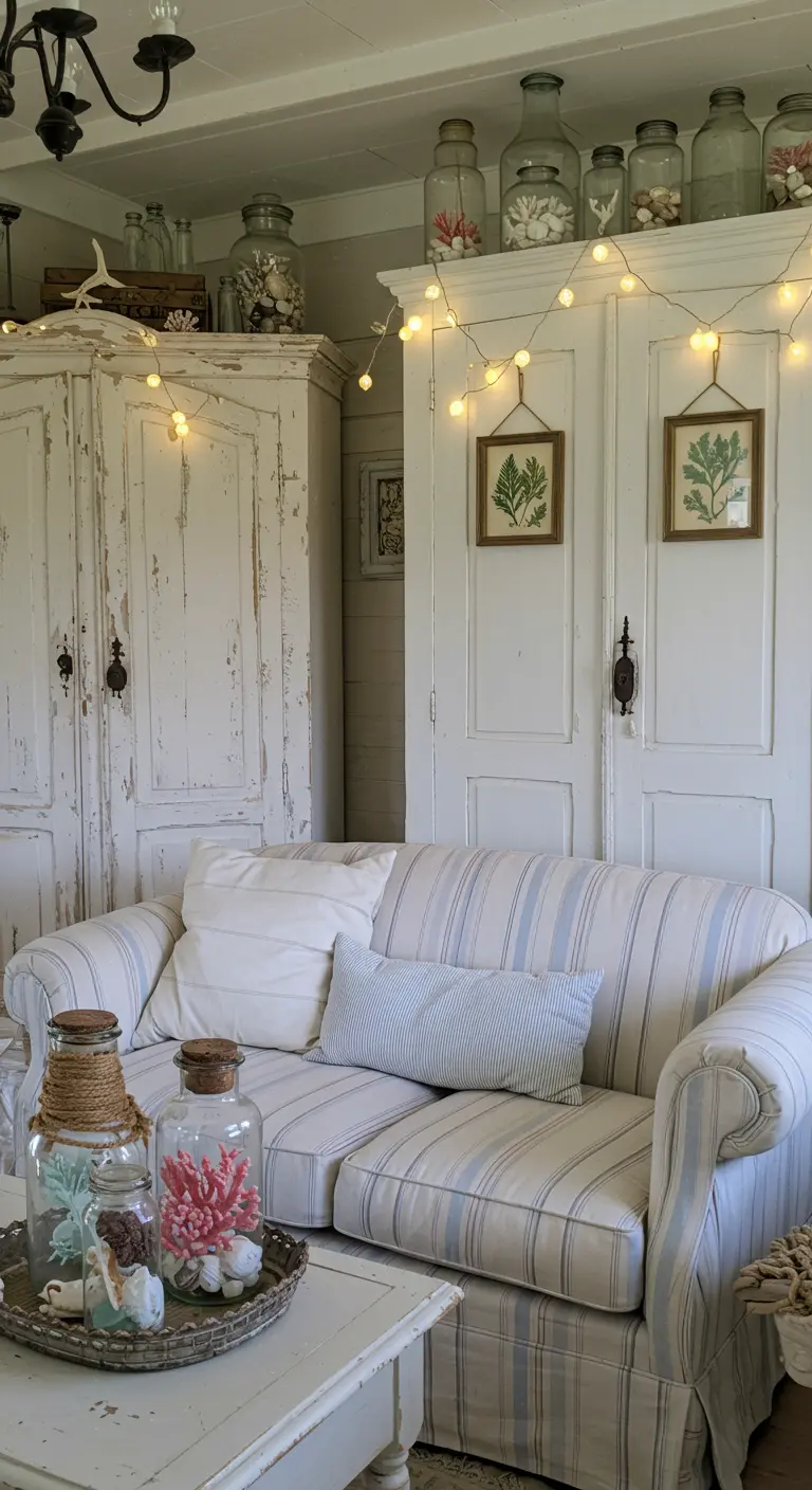 Shabby chic woonkamer met witte kasten, gestreepte bank en schelpen in glazen potten.