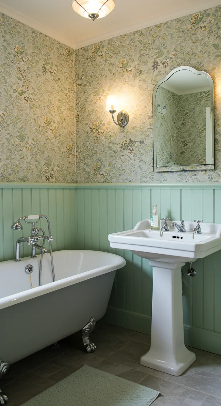 Cottage badkamer met lichtgroene lambrisering, botanisch behang en vrijstaand bad.