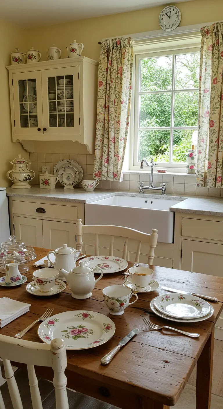 Engelse cottage keuken met bloemetjesservies en een traditioneel theeservies.