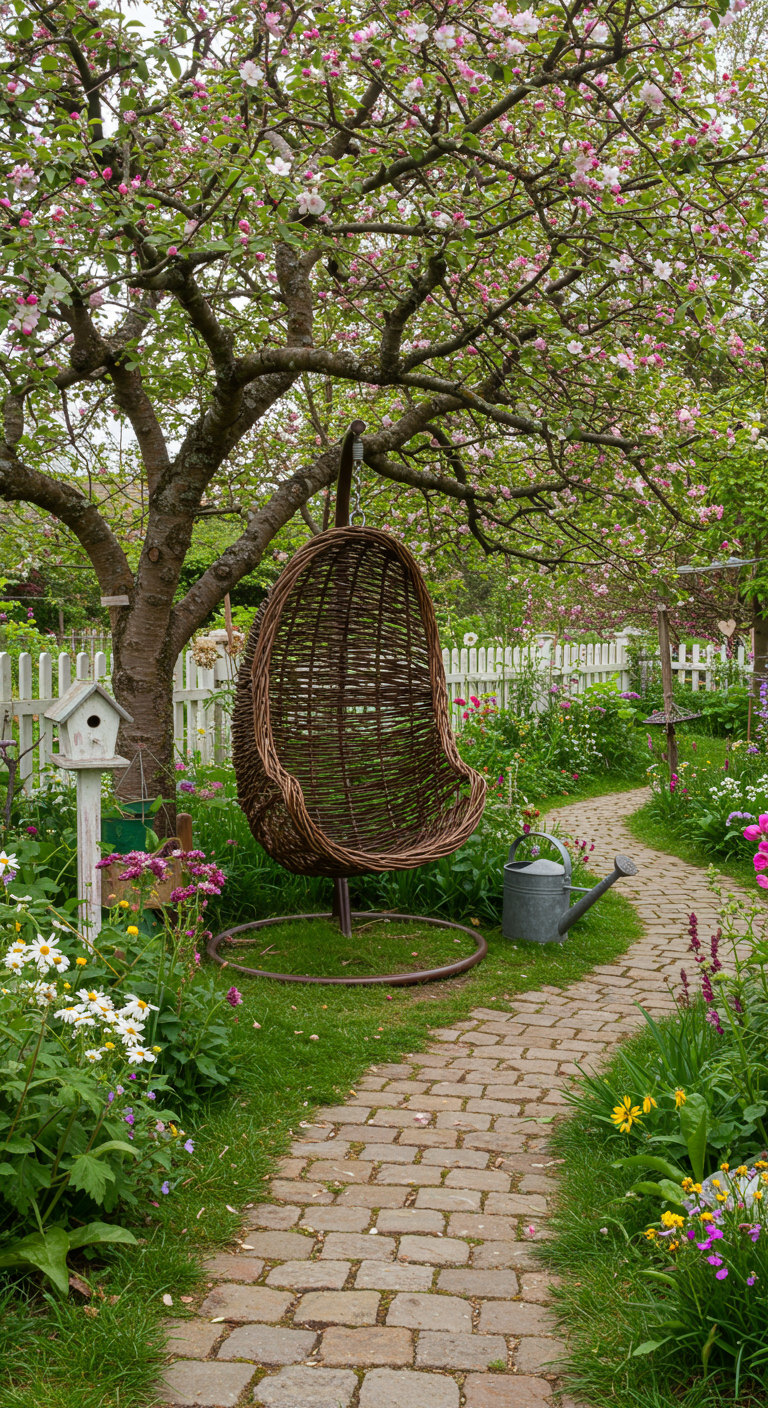 Donkerbruine rotan hangstoel in een bloemrijke cottage tuin met een vogelhuisje.