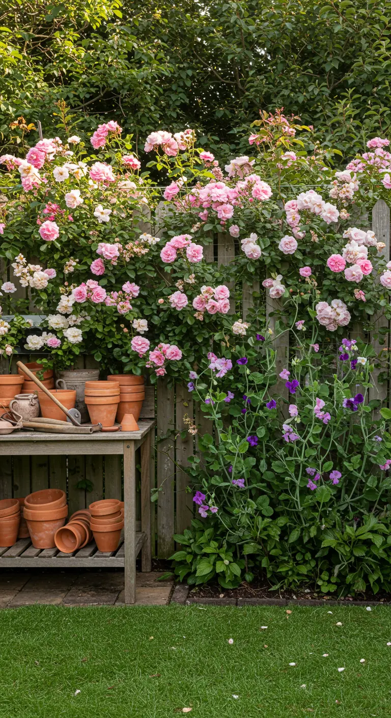 Houten schutting vol roze klimrozen en paarse lathyrus, met terracotta potten en tuingereedschap.