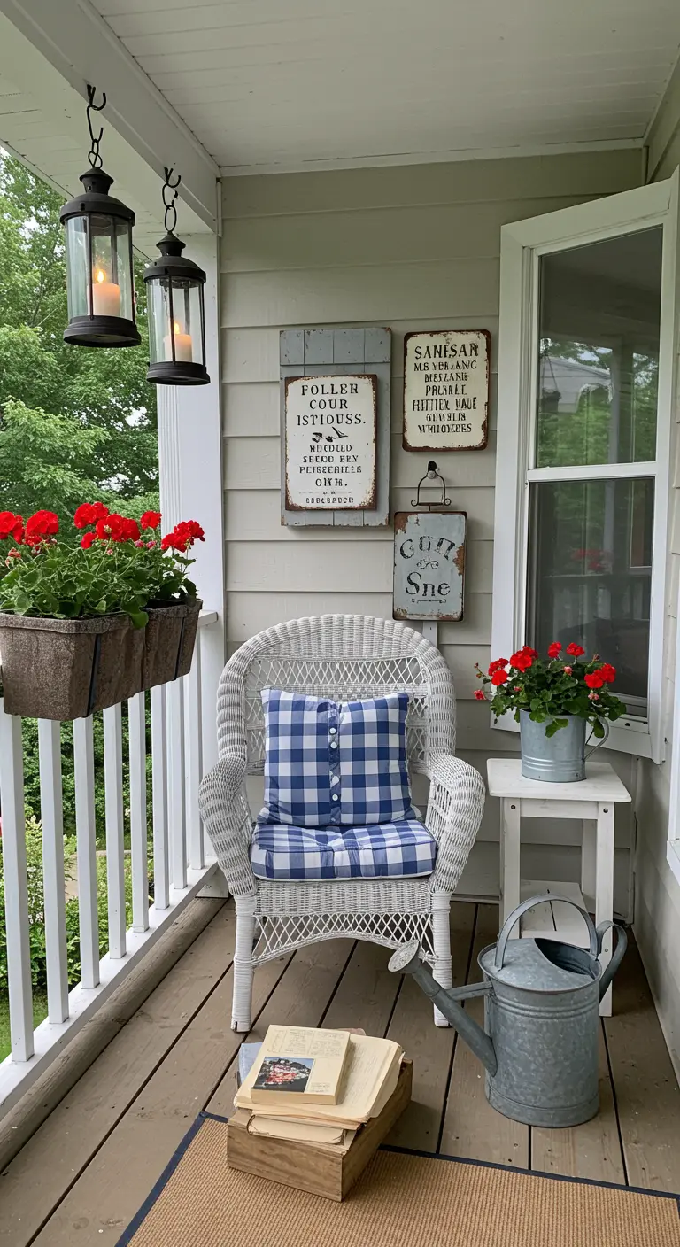 Witte rieten stoel met geblokt kussen op veranda, met geraniums en vintage bordjes.