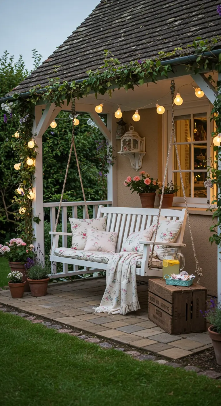 Witte houten duo-schommelbank op veranda met bloemenkussens en lichtslingers.