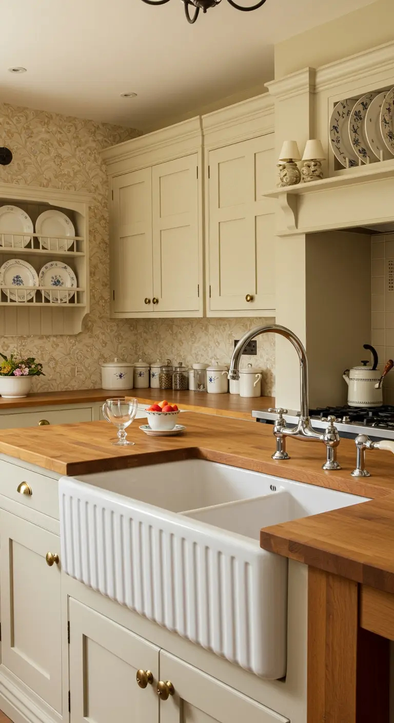 Cottage-stijl keuken met witte geribbelde boerderijspoelbak en houten werkblad.