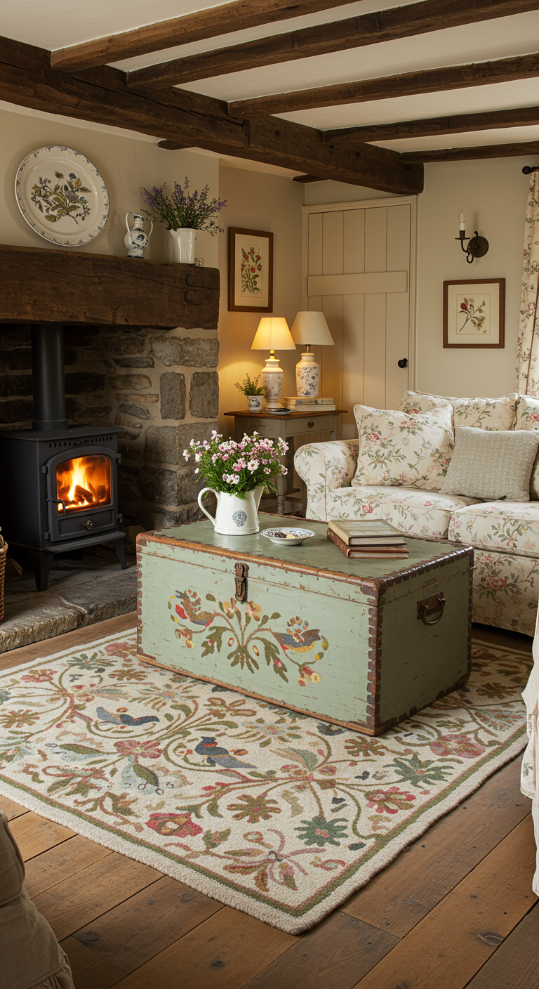 Landelijke cottage woonkamer met een crèmekleurig vloerkleed met bloemen- en vogelmotief.